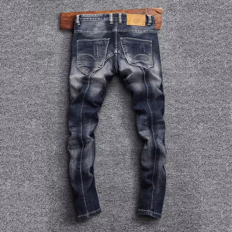 Newly Fashion Men Jeans High Quality Retro Black Blue Stretch Slim Fit Ripped Jeans Men Spliced Designer Vintage Denim Pants