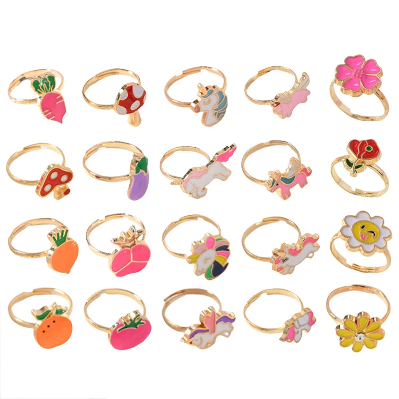 Crianças anéis ajustáveis com mini caixa fingir jogar brinquedo crianças presentes de aniversário maquiagem brinquedos bonito dos desenhos animados jóias liga anel tmz