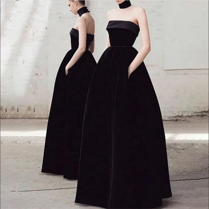 

Formal Black Evening Dresses Elegant Strapless Floor Length Sleeveless Gowns Elegant A-Line Prom Party Dress Vestidos Customized