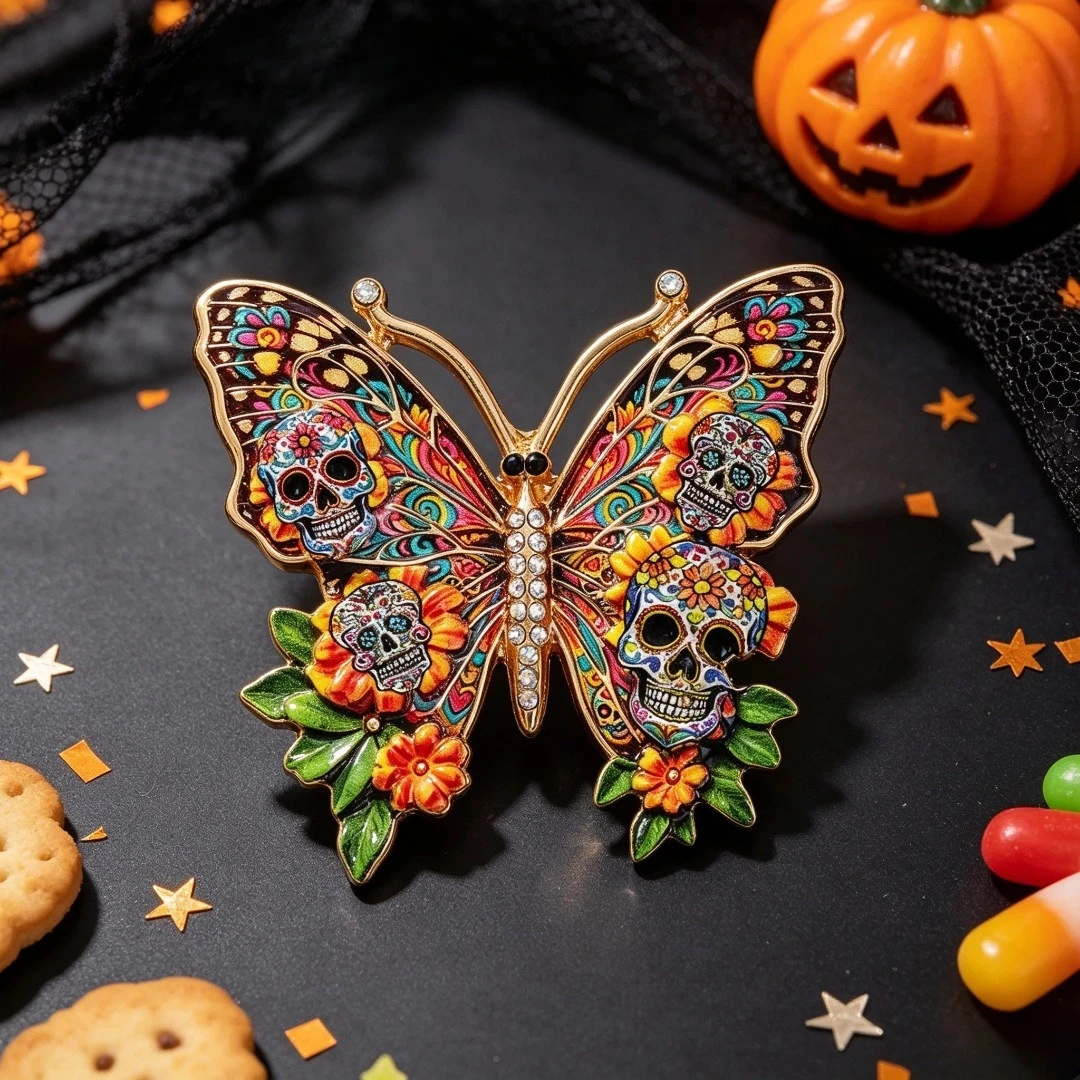 Halloween Floral Sugar‑Skull Butterfly Enamel Brooch Rhinestone Metal Lapel Pin Day‑of‑the‑Dead Clothes Decor Accessory