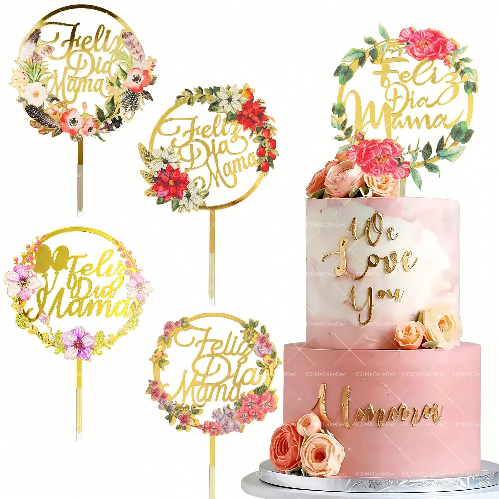 3 Adornos Acrílicos para Pastel de Feliz Día de la Madre, Decoración Floral Dorada para Pastel del Día de la Madre, para Fiesta de Cumpleaños de Mamá
