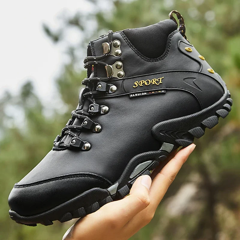 Men\'s Genuine Leather Boots Hiking Boots for Man Hiker Winter Trekking Hiking Boot Fuzzy Men Snow Boot Waterproof Adventure Shoe