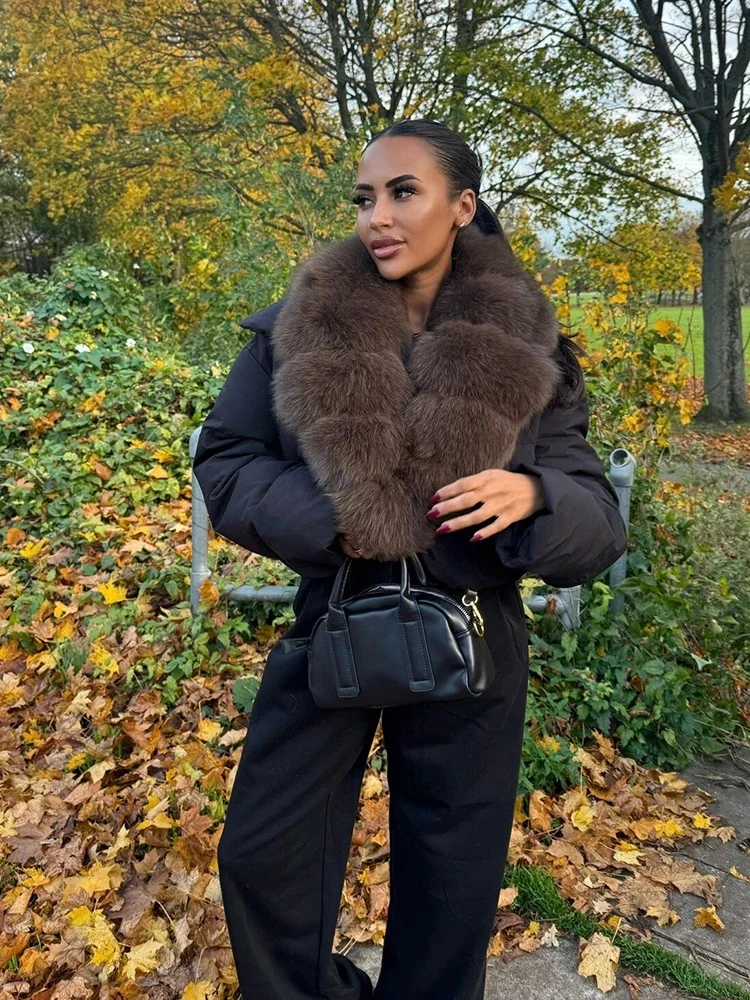 Luxuriöser, dicker Kunstfuchspelzkragen, kurzer Puffermantel für Damen, übergroßer Reverskragen, Reißverschluss, kurze, warme, winddichte Winterjacke. – Detail 3