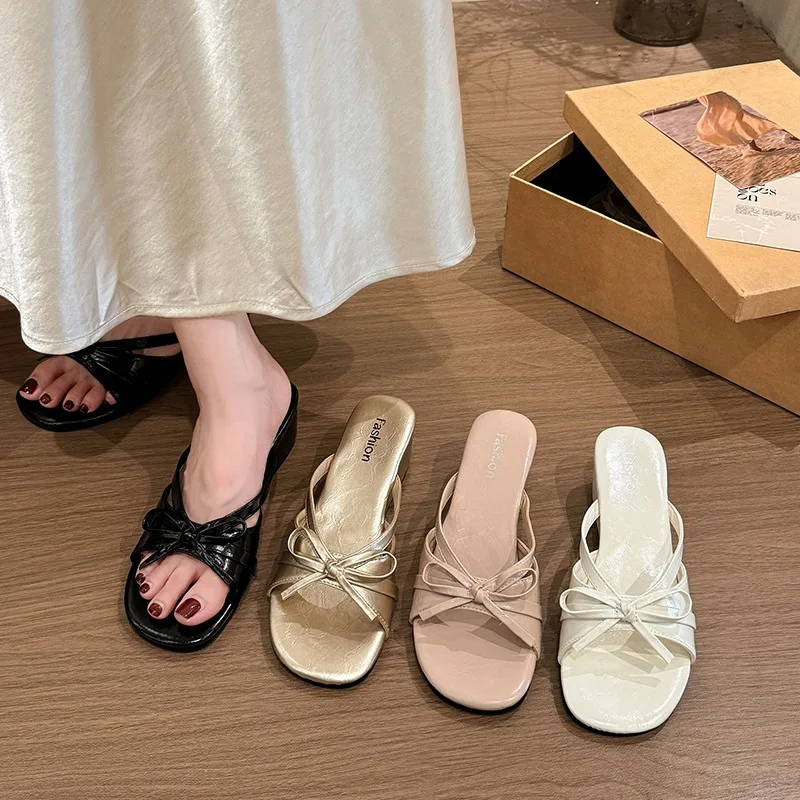 Sandalias de tacón alto de cuña con boca de pez y punta abierta para mujer, cómodas, de color liso, con lazo, a la moda, para verano