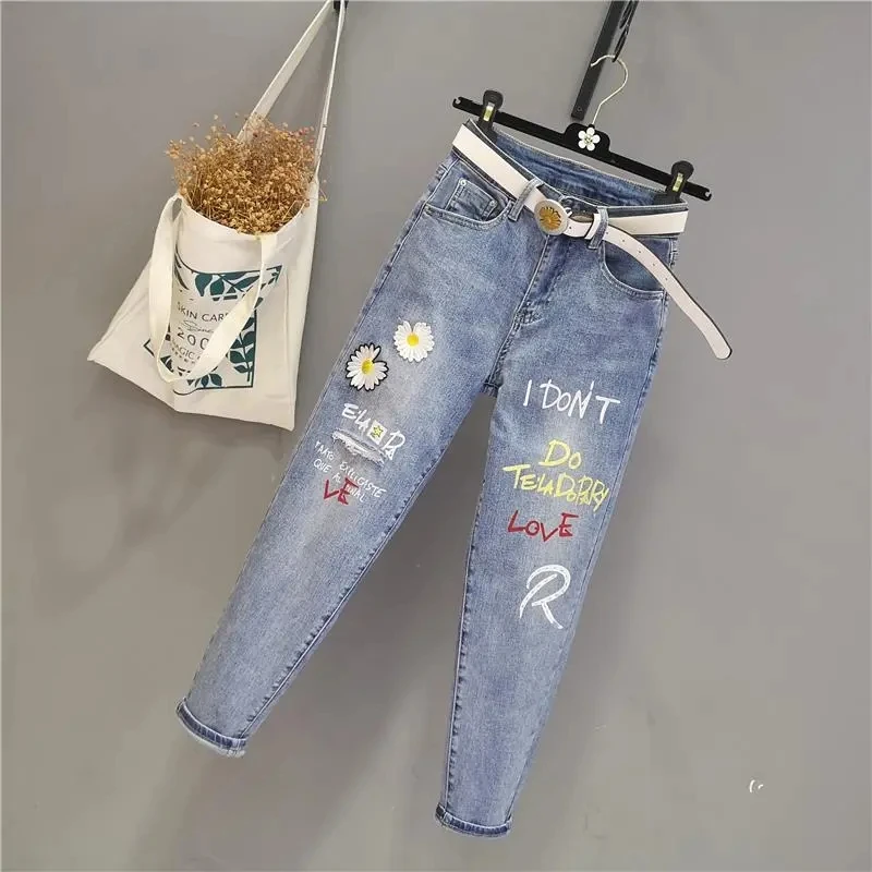 Vintage Flowers Embroidery Jeans New Spring Autumn Women Denim Trousers High Waist Harem Jeans Casual Cowboy Ankle-Length Pant