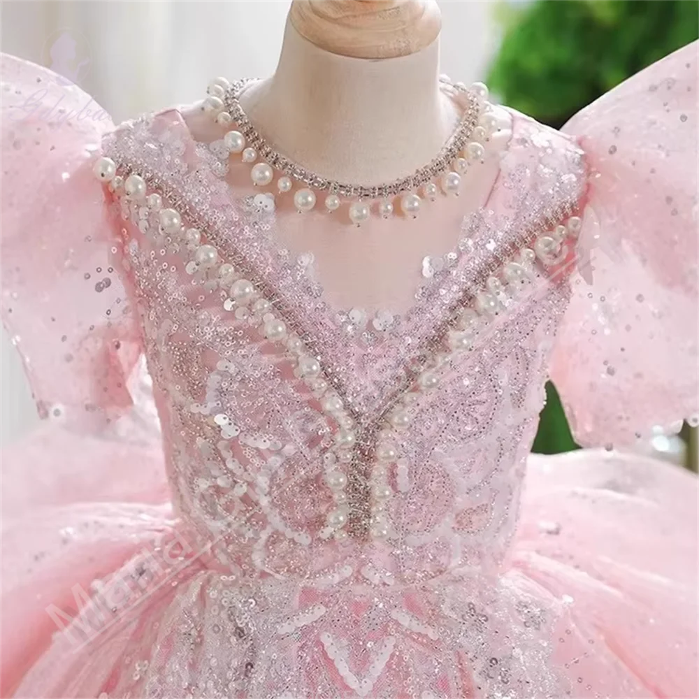 

Pink Luxury Girls Princess Dress Tube Bead Lace Ruffles Birthday Wedding Ball Gown Piano Performance Children Outfit