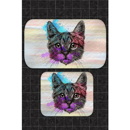 Bouquet Home 2'li Cat Splash Of Color 100x60 cm-50x60 cm Bath Mat and Toilet Seat Pad