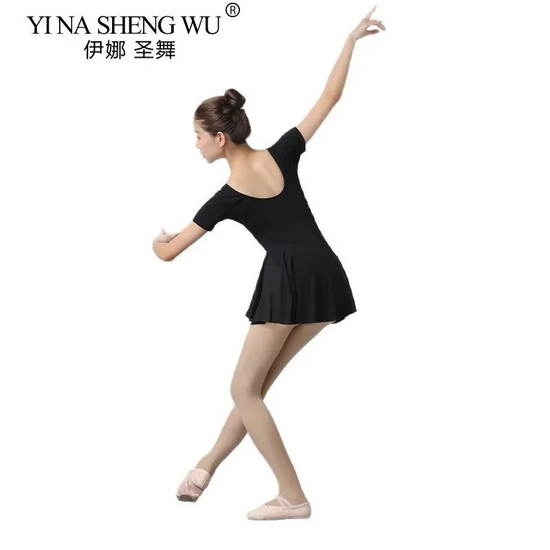 Nueva ropa negra para práctica de baile de Ballet, falda de hilo de manga corta para adultos, ropa ajustada, mono, ropa para el cuerpo