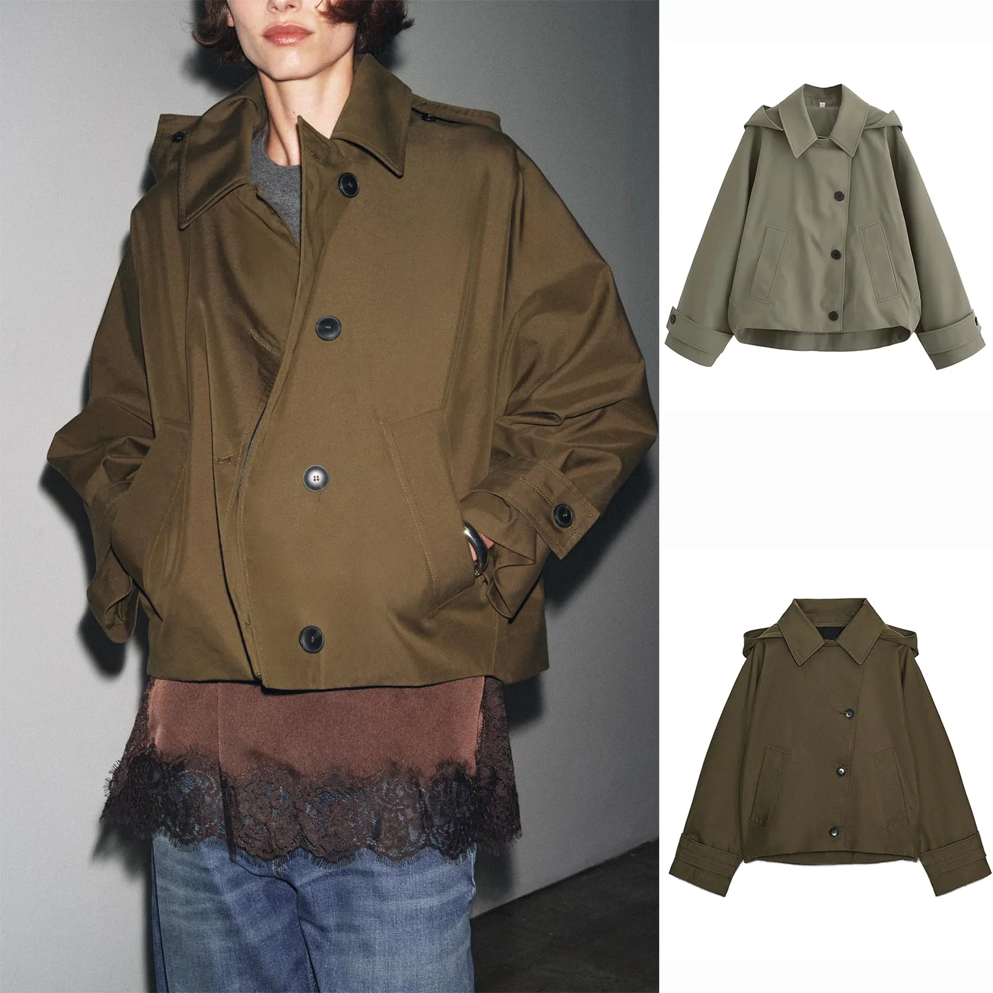 

Осень 2023, женское простое пальто с одним пуговицей и откидным воротником, водонепроницаемое длинное пальто с крыльями летучей мыши, свободное пальто из полиэфирного волокна