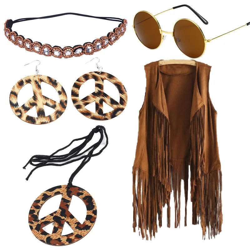 60s 70s Hippie Tassel Outfits for Women Cosplay Costume Set Peace Sign Earring Headband Fringe Vest Stage Performance Cardigan