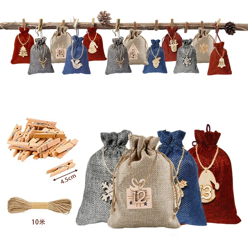 Christmas Advent Calendar Bag Set 24 Days Drawstring Gift Bag With Christmas Hanging Wooden Pendant Candy Bag