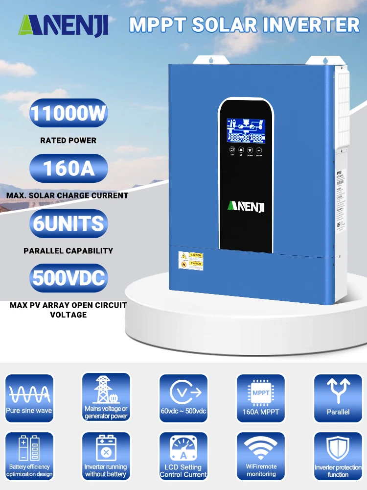 ANENJI 33KW 48V Hybrid-Solarwechselrichter 3-Phasen-MPPT-Wechselrichter mit reiner Sinuswelle 160A Off Grid/On-Grid Solarregler PV 500VDC WiFi