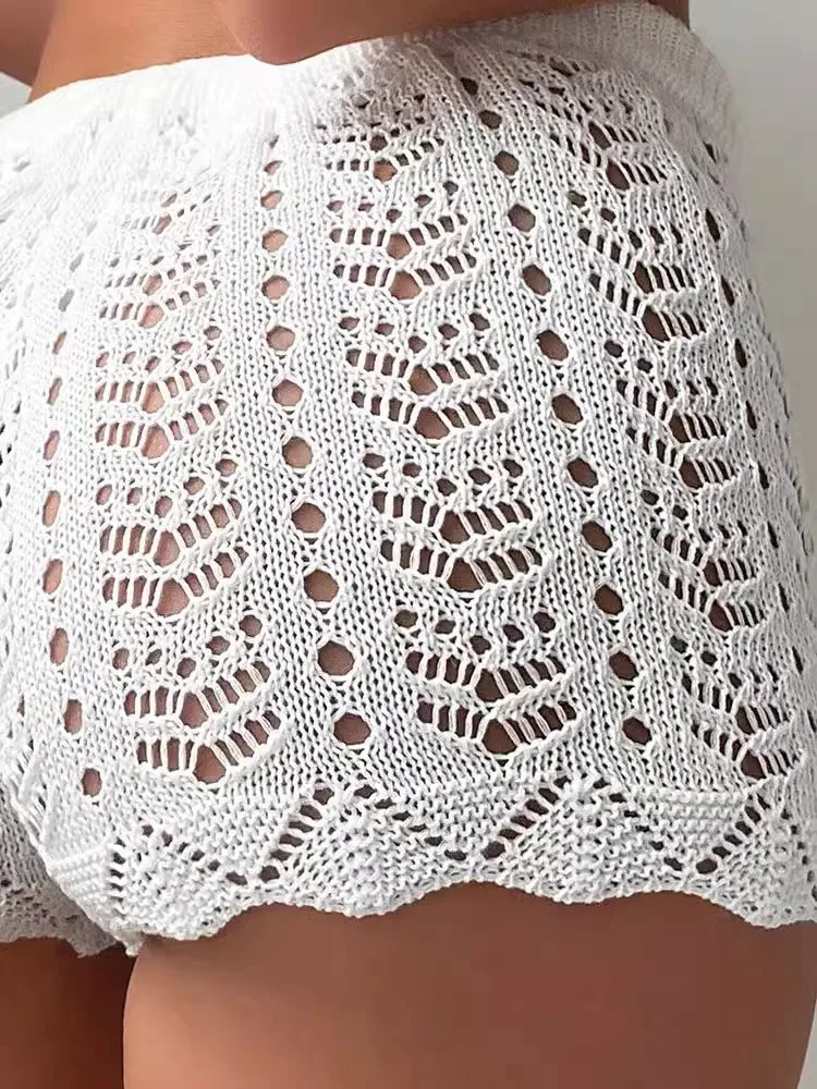 Hollow Out Drawstring Elastic Waist Crochet Knit Swim Shorts Women Summer soild color Sexy Beach Holiday Cover Up Shorts