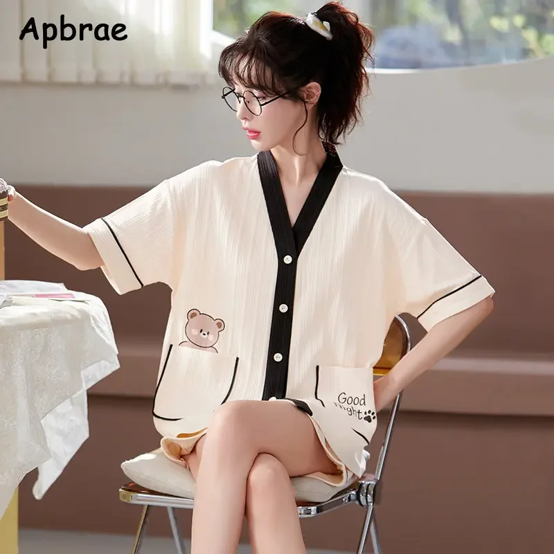 Summer Women Kimono Sleepwear Kawaii Style Pajamas Set Soft Cotton Korean Cardigan Short Sleeve Shorts Nightwear for Young Girls