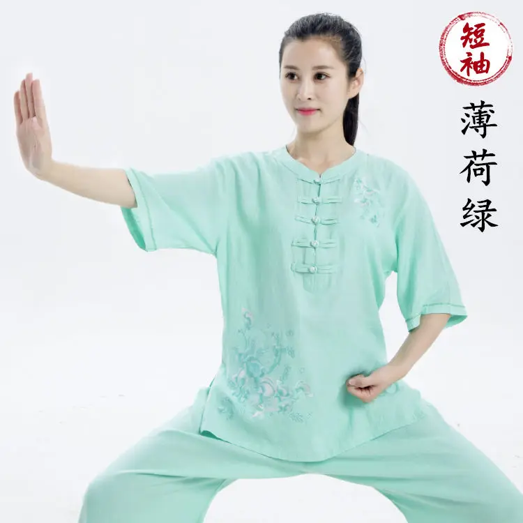 

2025 New Chinese Elegant Embroidered Tai Chi Suit Women's Embroidery Summer Linen Cotton Printed Tai Chi Training 2 Piece Suit