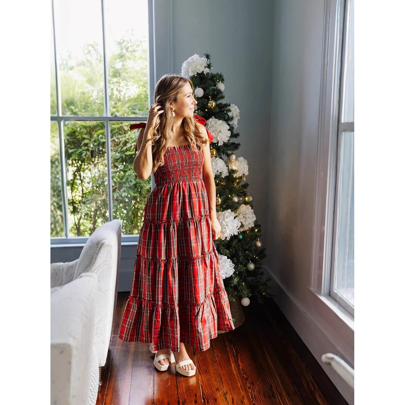 เดรสลายสก็อตคริสต์มาสแบบมีเข็ม - Linen Dress Wrap บทวิจารณ์และราคา