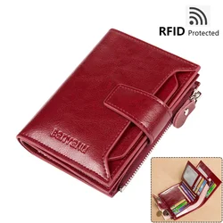 Genuine Leather Wallets for Women Red Money Purses Zipper RFID Short Female Small Card Holder Coin Purse Trifold Bifold Wallet