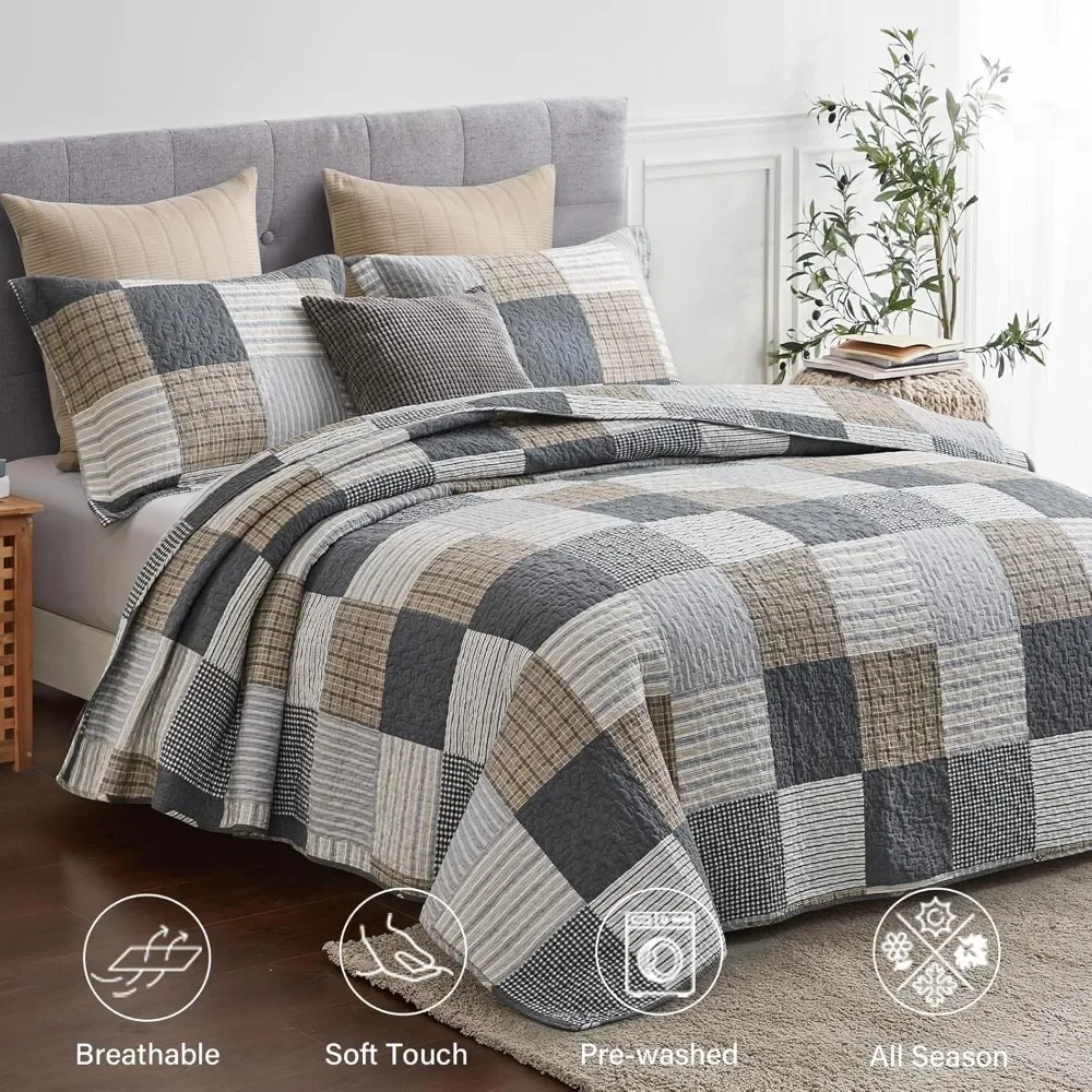 Quilted Extra Large -100% Pure Cotton Grid Extra Large Quilt, Farmhouse and Rural Quilted Bedding Set, 3 Pieces
