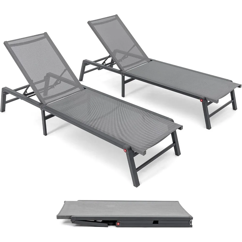 

Outdoor Chaise Lounge Chair Set of 2, Assemble-Free Aluminum Poolside Lounge Chairs for Outside Sunbathing, Backyard Lay Flat Ou