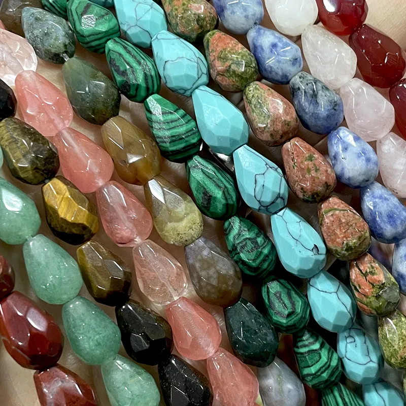 Cuentas sueltas facetadas de piedra natural en forma de gota de agua, cuarzo rosa, aventurina, turquesa, para la fabricación de joyas, accesorios para pulseras DIY