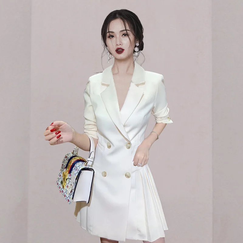 

Nice Spring Office White Suit Dress Temperament Goddess Women's Professional OL Double Breasted Suit Coat Vintage Party Dress