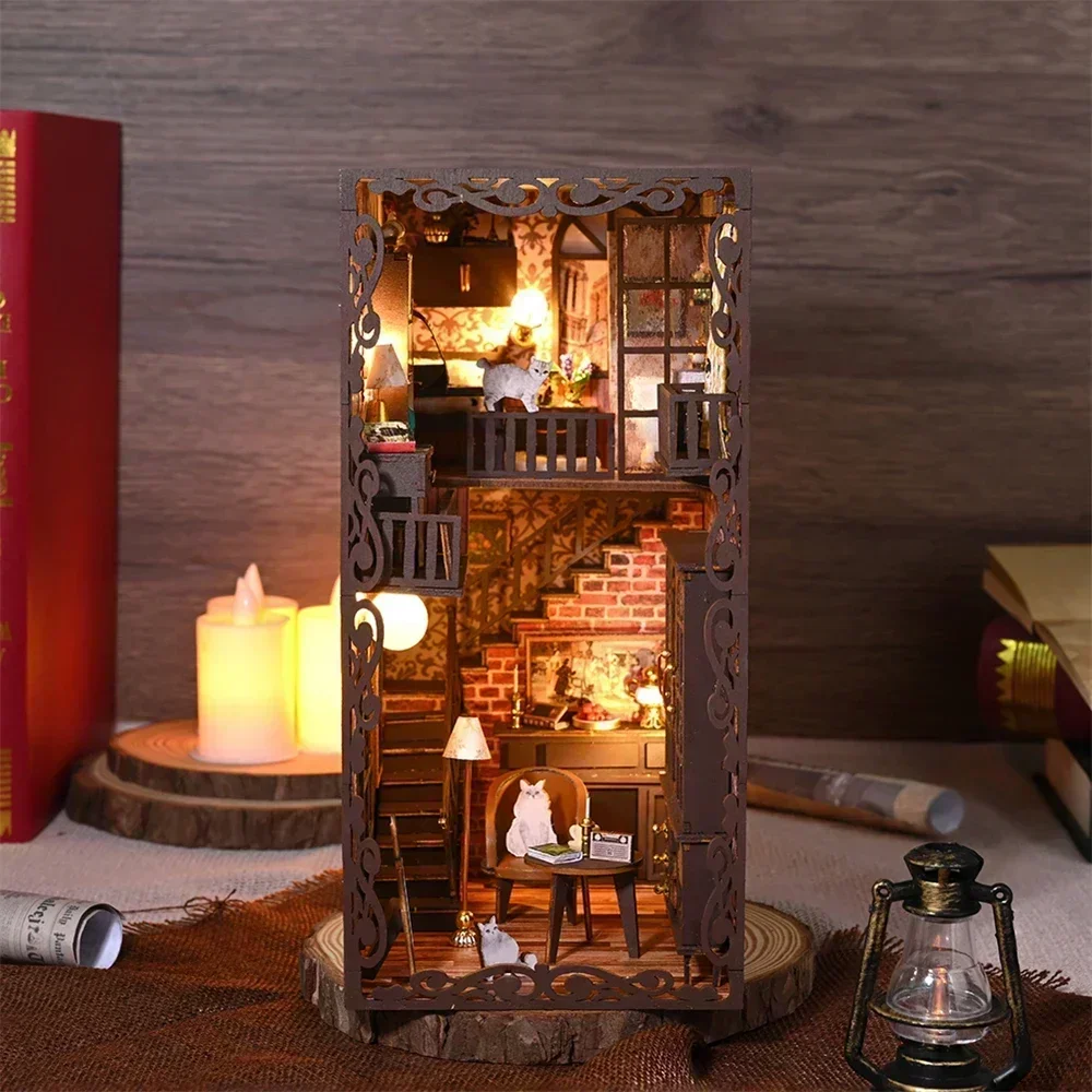 

NEW DIY Book Nook Insert Kits Wooden Miniature Building Kit, Magic Study Room Bookend with LED Light Bookshelf Home Decoration
