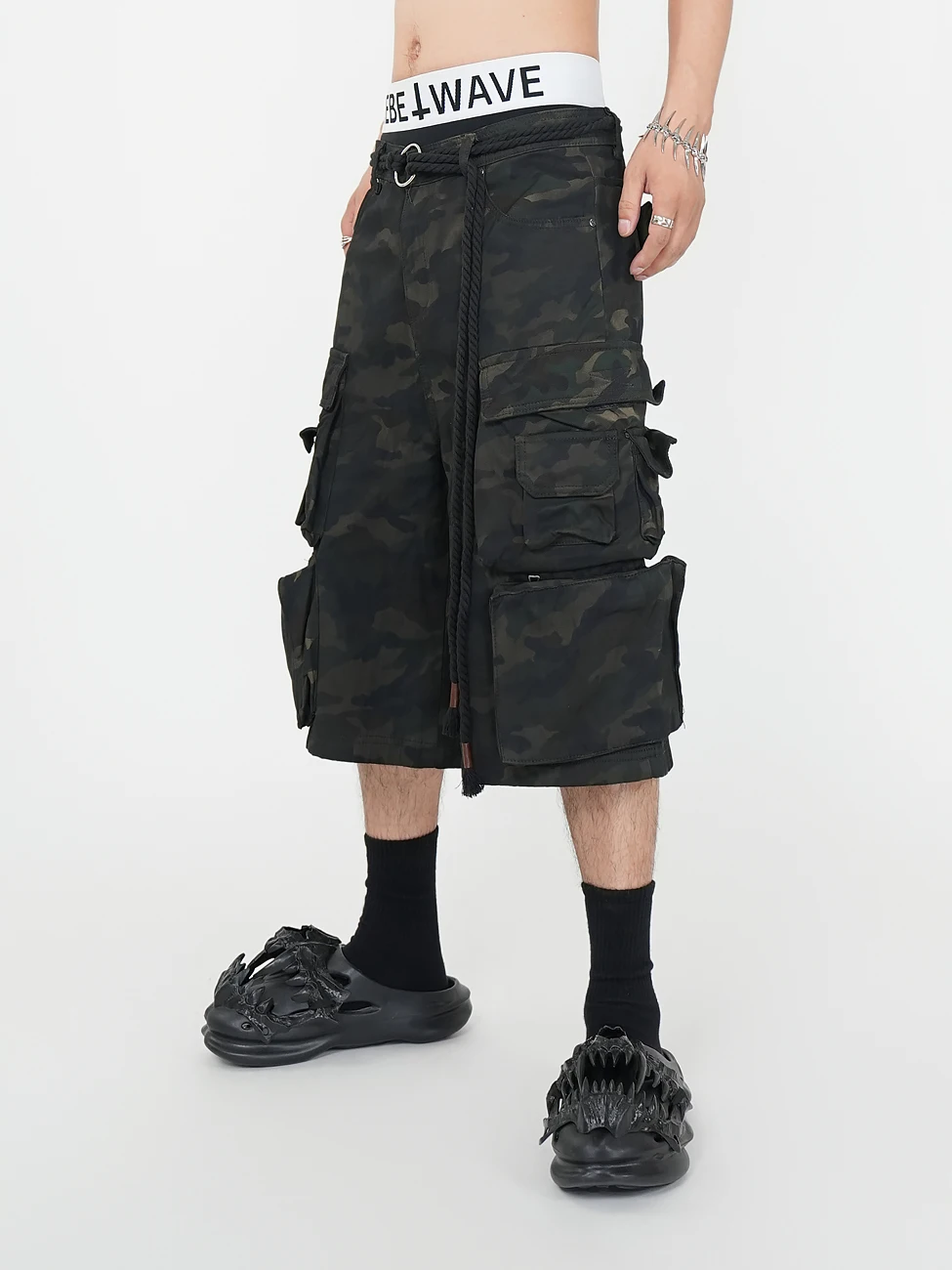 

VE2 American High Street Tactical Workwear Pants Men's Camouflage Six-Part orts with Waist Cord Straight Leg Cotton Casual ...