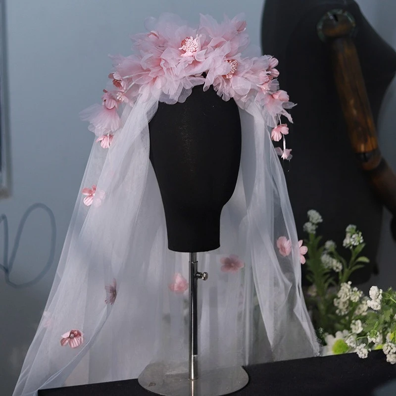Pink silk flower hair comb veil, bride wedding studio travel wedding dress hair accessories