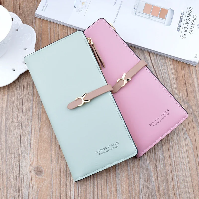 New Women's Wallet Long Korean Student Fashion Zipper Buckle Thin Money Clip Multi Card Soft Leather Clips Case Classic Purse