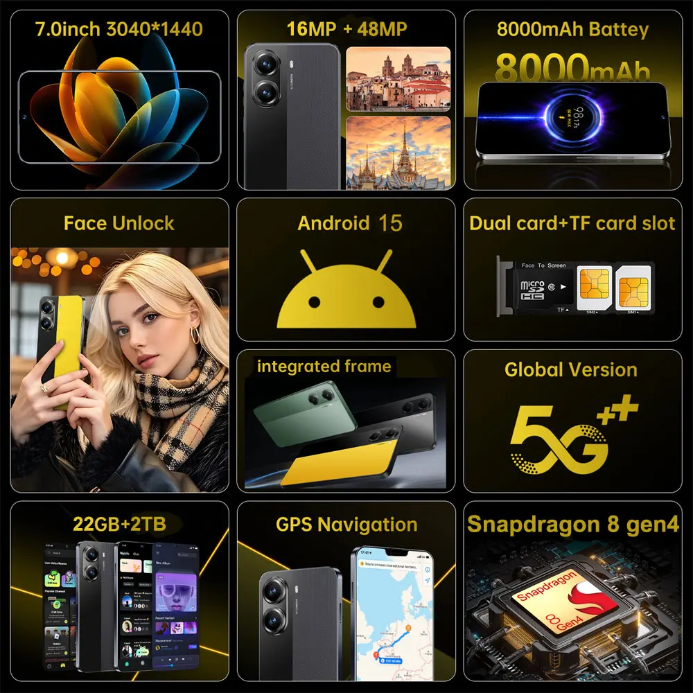 العلامة التجارية الجديدة X7 Pro الهاتف الذكي 5G الأصلي 7.0 بوصة 22G 2 تيرا بايت الهواتف المحمولة 8000mAh الإصدار العالمي المزدوج أندرويد 15 هاتف محمول غير مقفول
