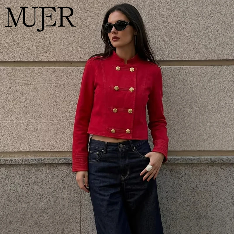 Chaquetas Bomber Rojas Cortas para Mujer, Chaqueta Ajustada con Botones Dorados, Chaqueta de Manga Larga para Mujer, Abrigos de Moda para Mujer, Nuevas Chaquetas para Mujer