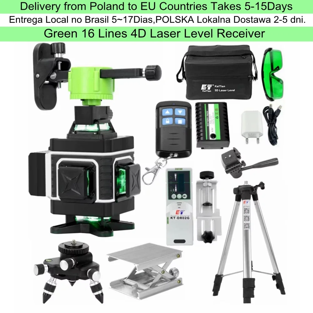 KaiTian Nivel Laser Level Tripod Self Leveling 360 Battery Tool Professional Green 4D Cross 16 Line Laser Level Outdoor Receiver