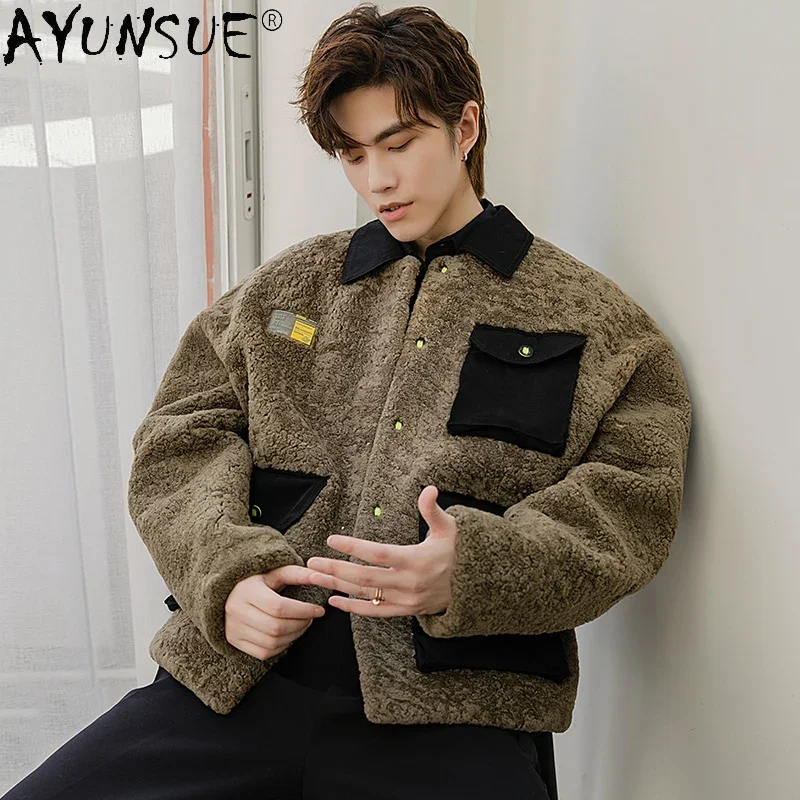 

AYUNSUE New Fashion Winter Men's Natural Fur Coat Warm Genuine Sheepskin Leather Jakcet Male Short Real Wool Coats Abrigo Hombre