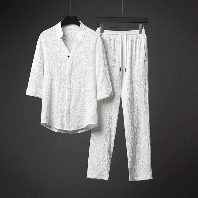2025 Summer Popular Men's Plus Size Comfortable Casual Suit Men's Solid Color Street Suit Men's Fashion Two-piece Set