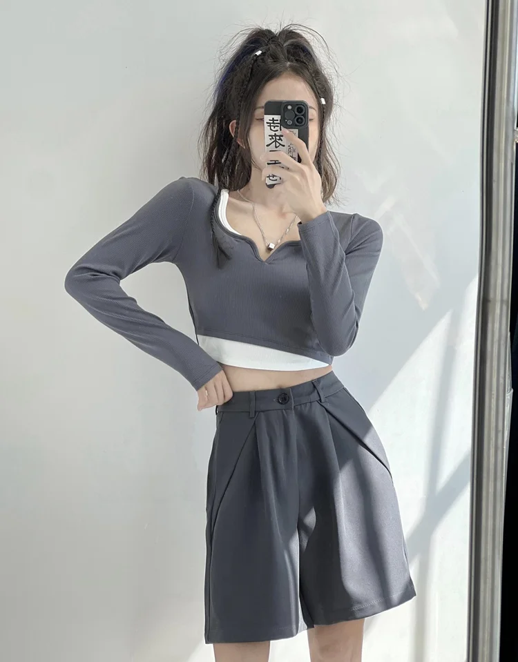 سليم صالح ort Sve تي شيرت المرأة الربيع V-ne اللون بلو طويل Sve Faionable التخسيس ort طول البطن Baring الأعلى #2