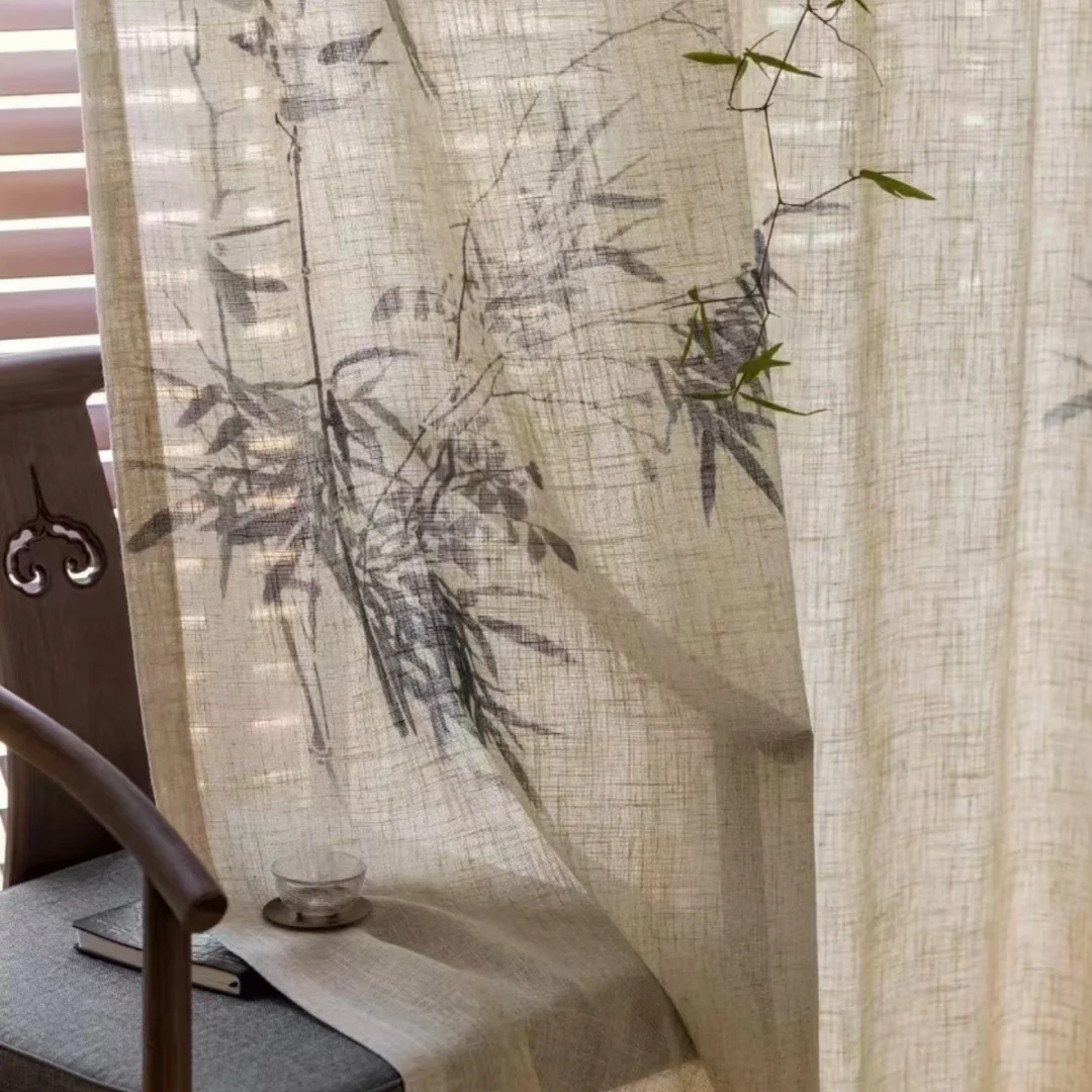 Oriental Ink Bamboo Linen Sheer Room Divider Curtain Light Permeable Partition Drape For Tea Corner Entryway Decor