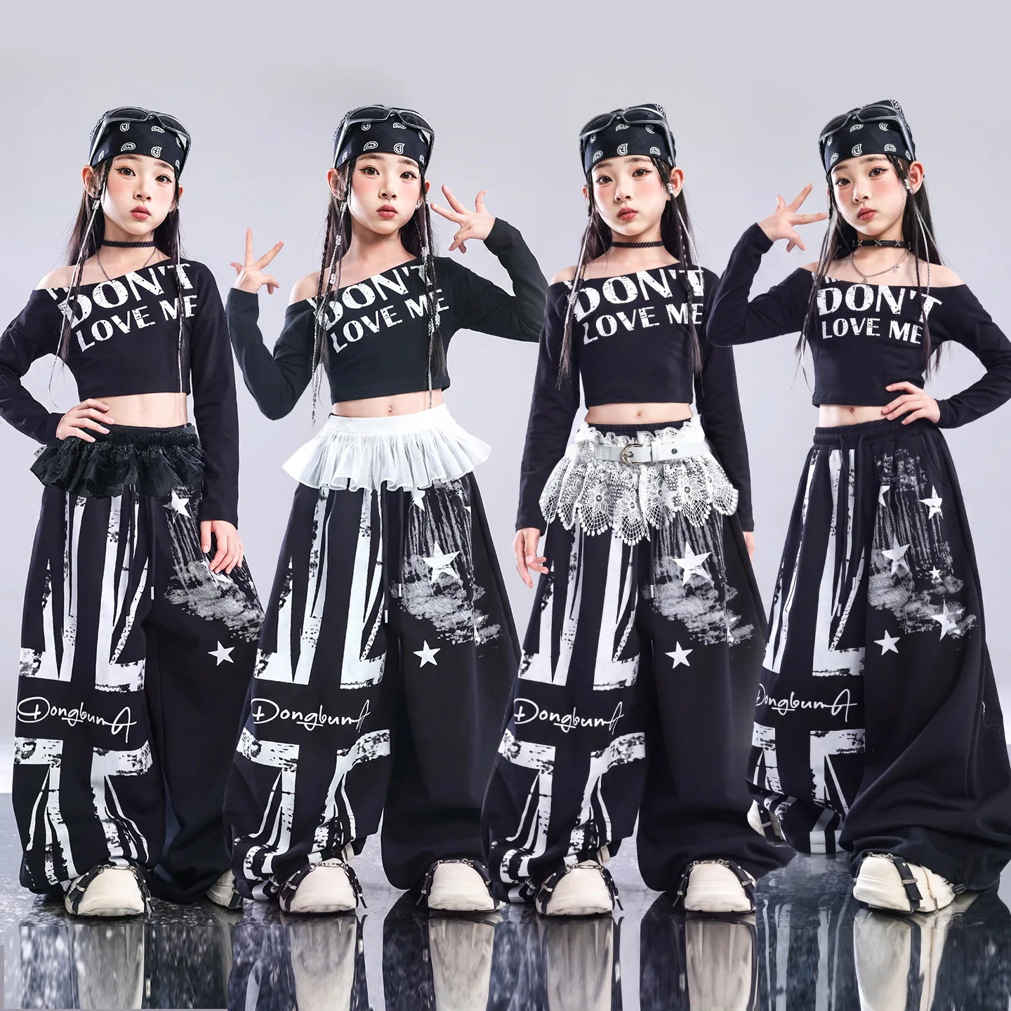 Girls Hip Hop Off-shoulder Crop Top Black Loose Pants Child Streetwear Girl Group Costumes Kids K-pop Street Dance Clothes Sets