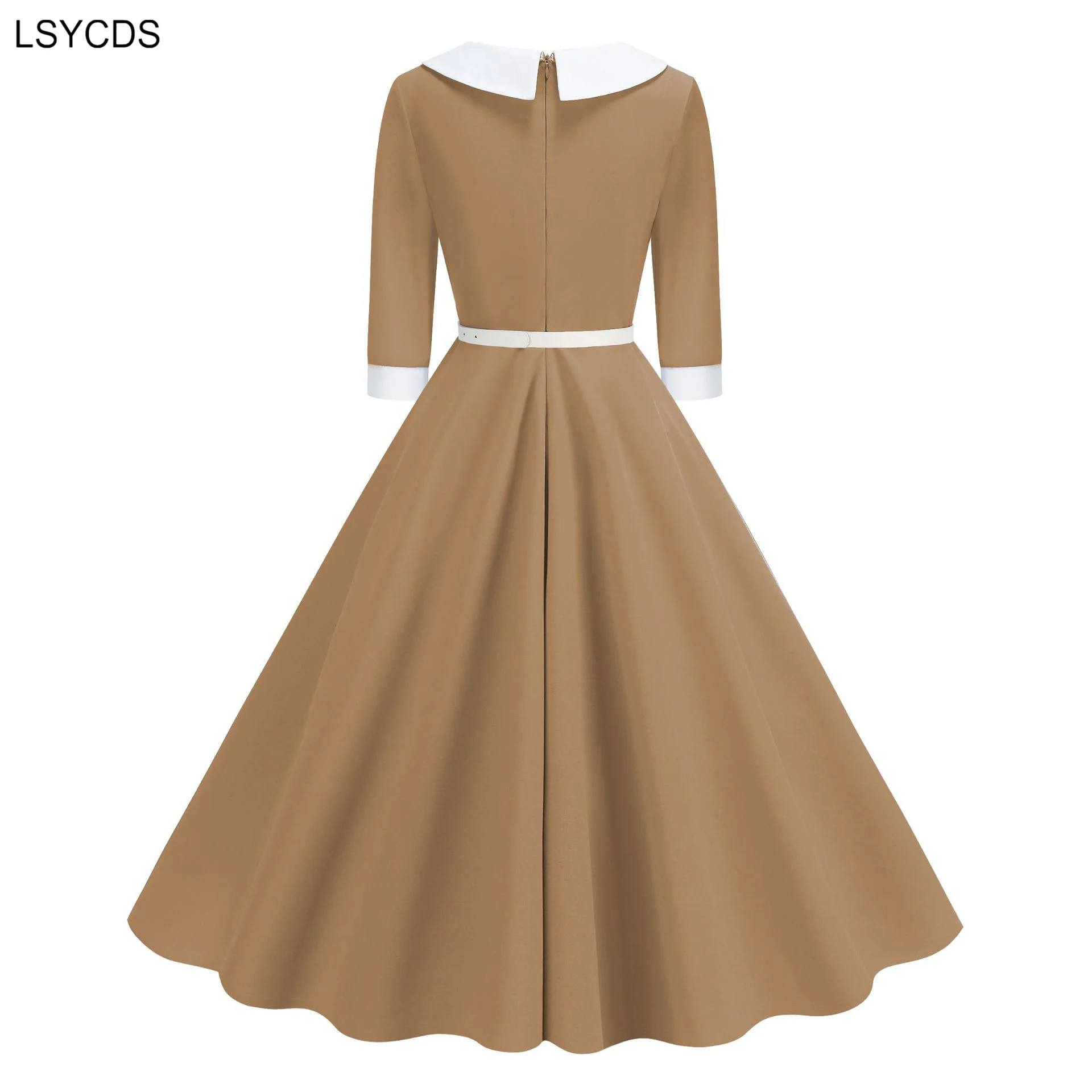 LSYCDS Elegant Belted 1950s Vintage Midi Swing Dresses Contrast Collar Bow Front 3/4 Length Sleeve Women Autumn Clothing Dress