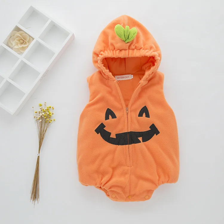 Baby Halloween Pumpkin Hooded Sleeveless Romper Thick Fleece Jumpsuit Newborn Cosplay Costume Holiday Party Dress Up Outfit