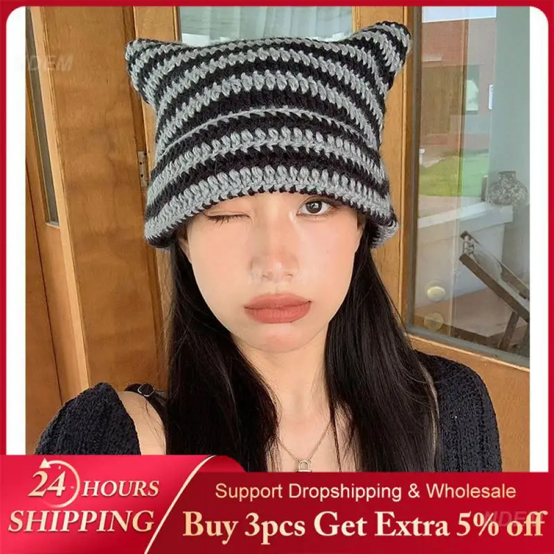 Cat Ear Unique 6 Colors Warm Knit Hat For Autumn And Winter Accessories Limited Edition Devil Horns Trendy Stripe Christmas Hat