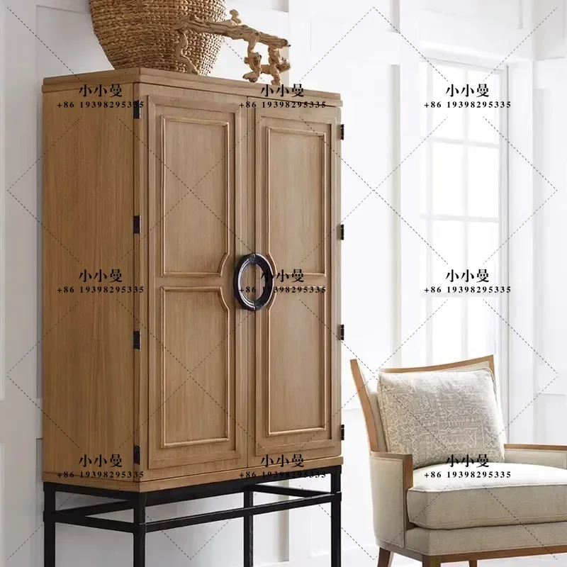 Retro Solid Wood Wine Cabinet Double Door Dining Sideboard Post Modern Simple Living Room Furniture American Style Storage