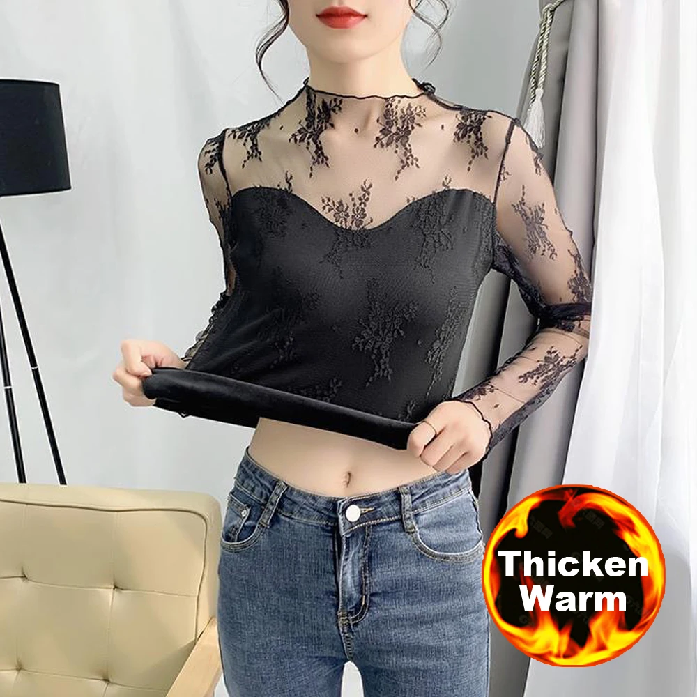 

Thicken Warm New Transparent Korean Loose Women Lace Blouse 4 Colors Female Bottoming Blouses S-2XL Cheaper Tops Kawaii T Shirt