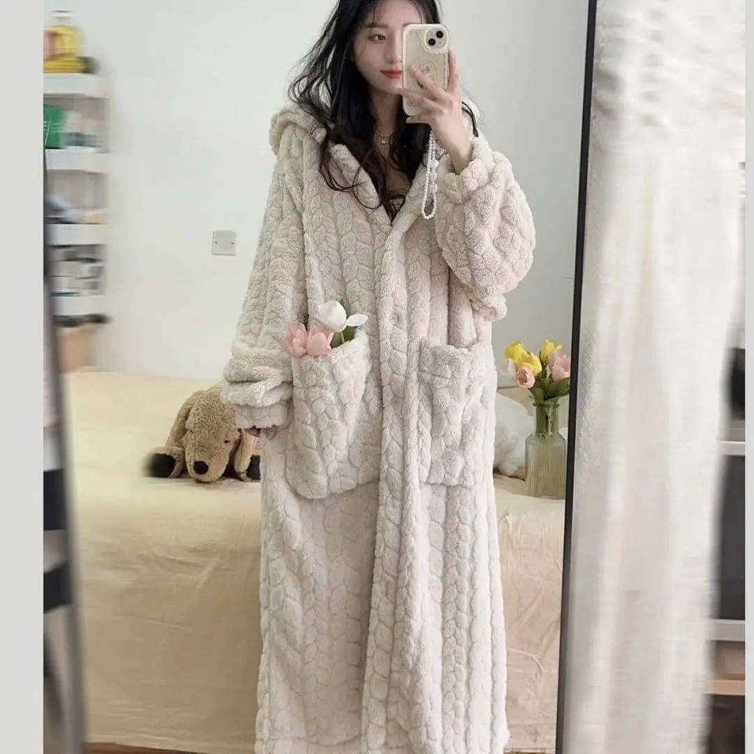 Winter Loose Pocket Robe for Women Nightdress Warm Fleece Pajama One Piece Hooded Sleeping Solid Home Wear