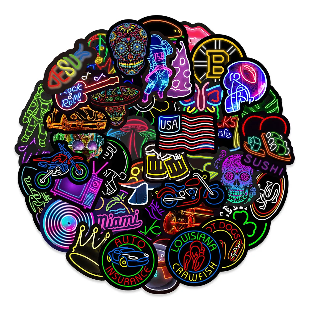 Popular Cool Neon Light Sticker Pack, Skate, Decoração de guitarra, DIY, Laptop, impermeável, Decalque Graffiti, Atacado, 10 Pcs, 30 Pcs, 50Pcs