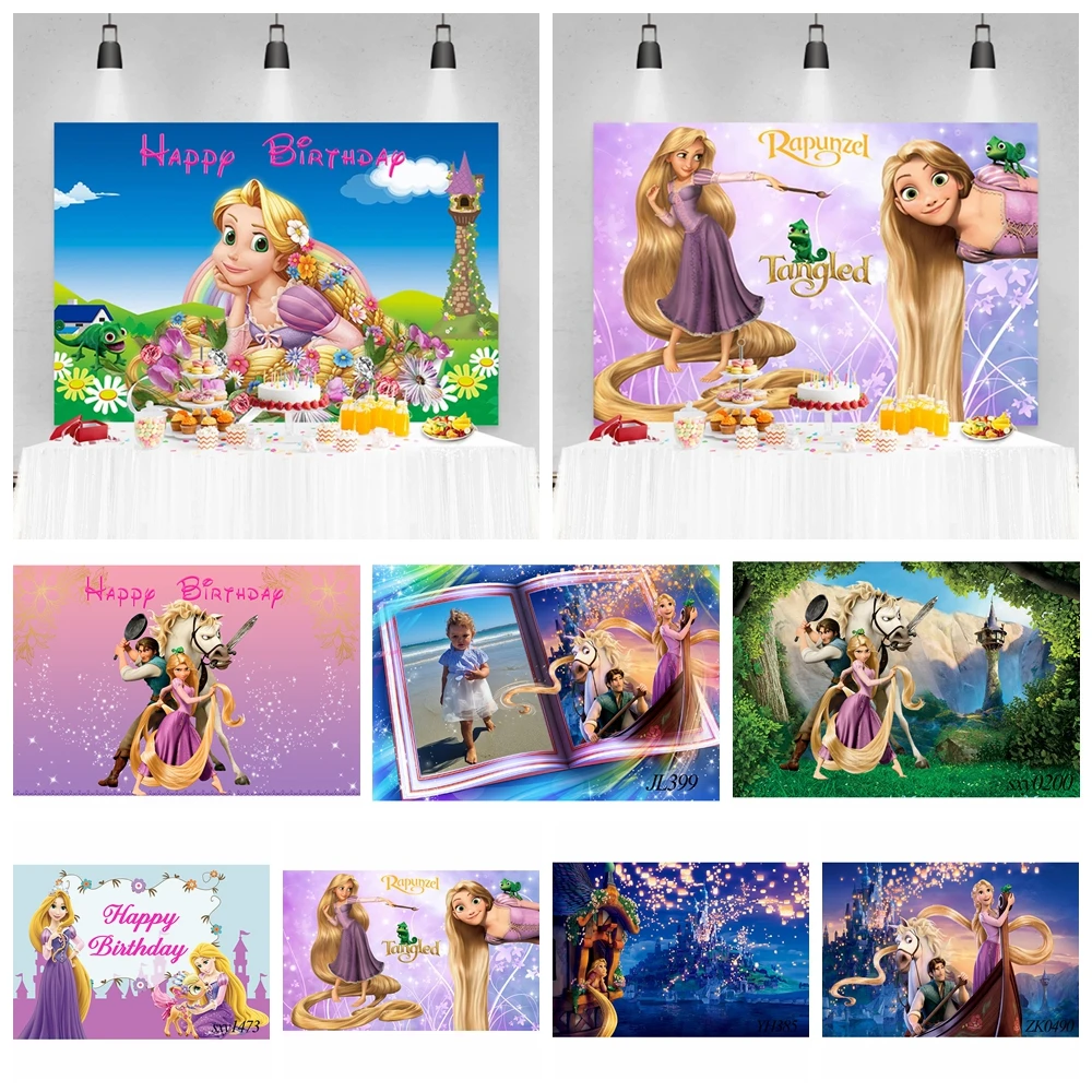 Goldener Zopfturm Geburtstagsparty-Hintergrund Laterne Langhaar-Sonnentropfen-Schloss Benutzerdefiniertes Foto Mädchen Kinder Babyparty Banner Deko