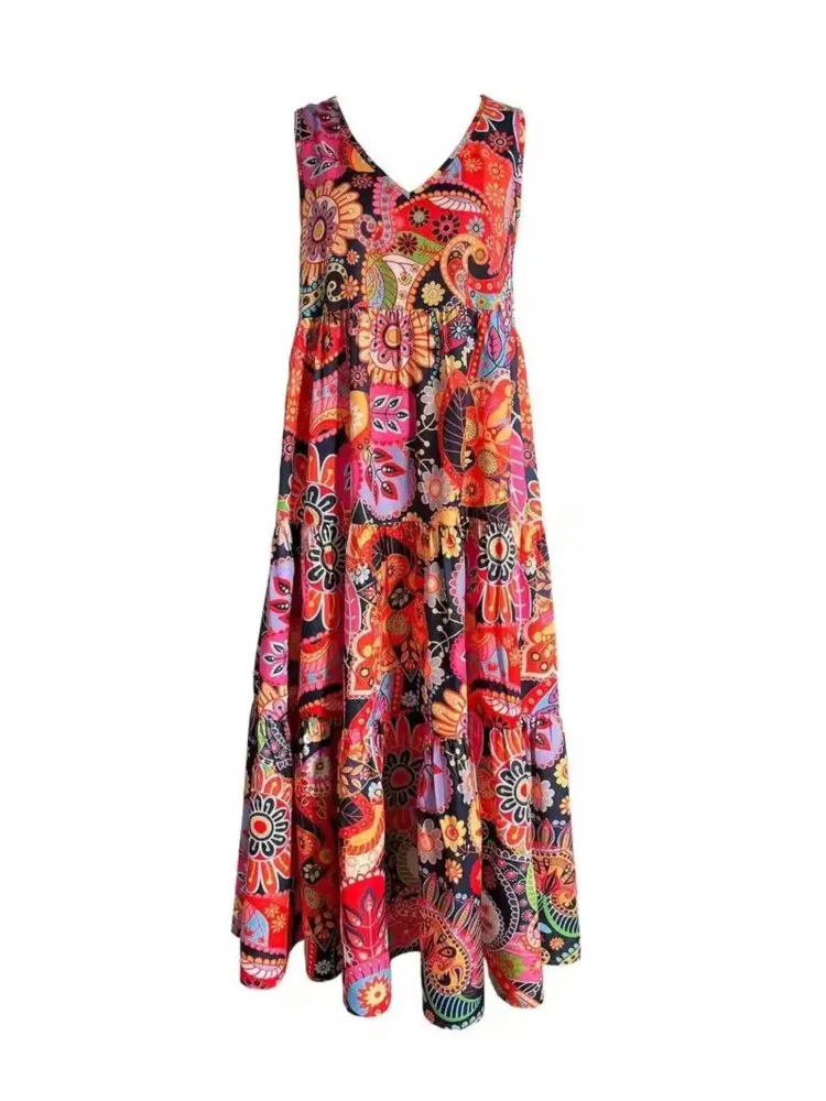 Fashion Floral Print Dress For Women Casual V Neck Sleeveless Loose Dresses Robe Femme Boho Holiday Womens Clothing Summer New