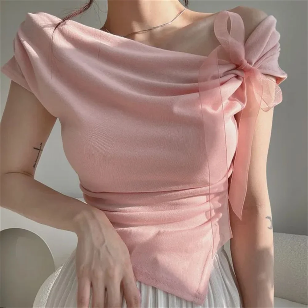 Korean Style 2026 Summer Vintage Lady Sweet Tees Women Sexy Bow Lace Up Cropped Tops Irregular Off Shoulder Short Sleeve Shirts - view 2