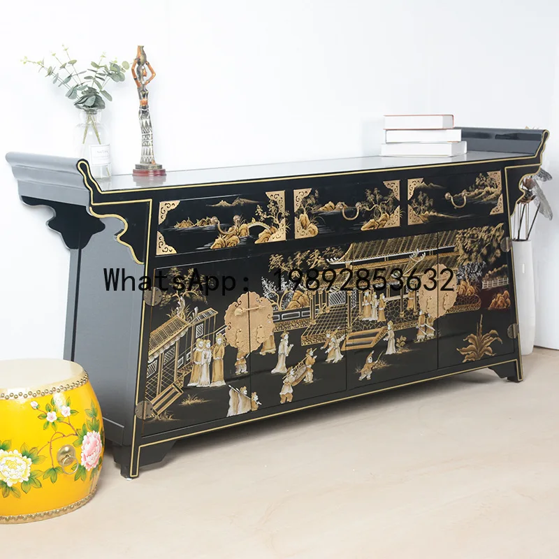 CZ  Antique Hand-painted Entrance Cabinet Qingming Riverside Scene Decorative Cabinet Raised Head Gold-painted   Wood Sideboard