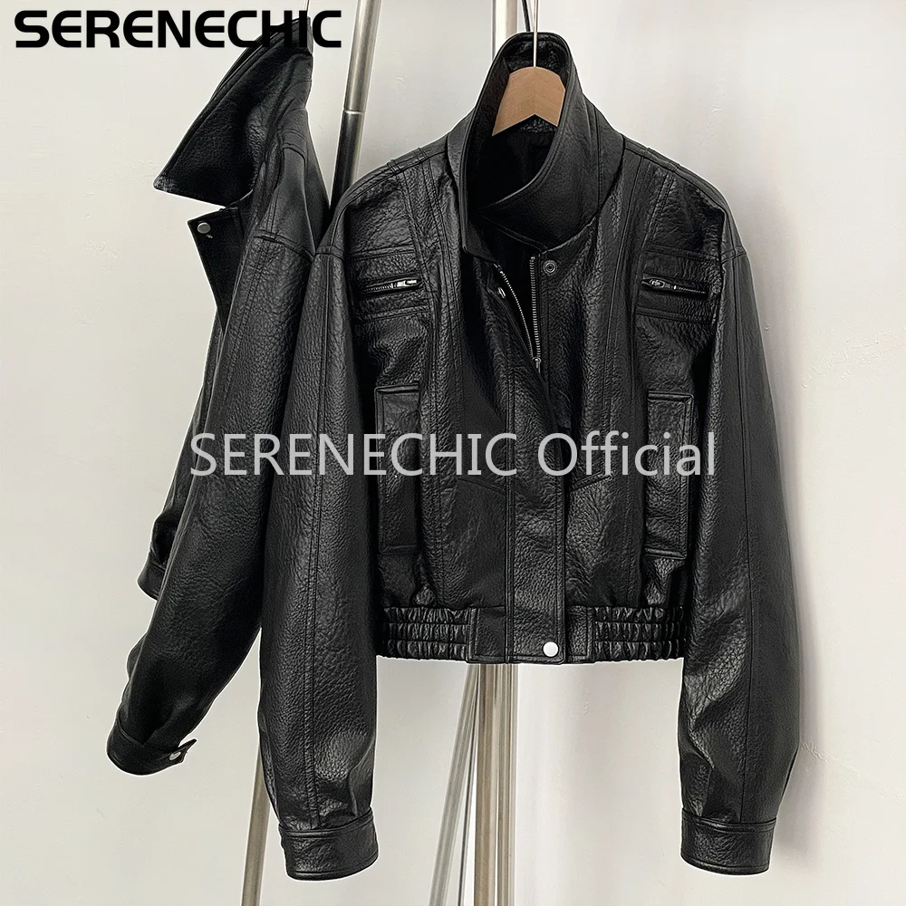 SERENECHIC Textured PU Aviator Coat with Elastic Hem Women's Black Cropped Faux Leather Jacket New Vintage Outerwear Female