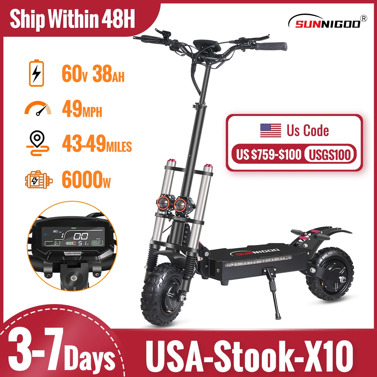 SUNNIGOO 50Mph Fast Electric Scooter for Adults Off Road Tire 6000W Powerful Dual Motor Hydraulic Suspension Electric Scooter